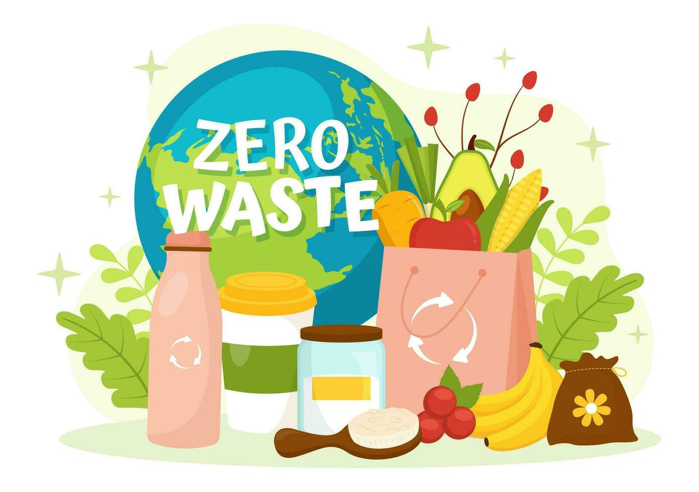 nul verspilling vector illustratie van eco vriendelijk met recyclebaar en herbruikbaar producten voor opslaan de planeet en Gaan groen in vlak tekenfilm achtergrond