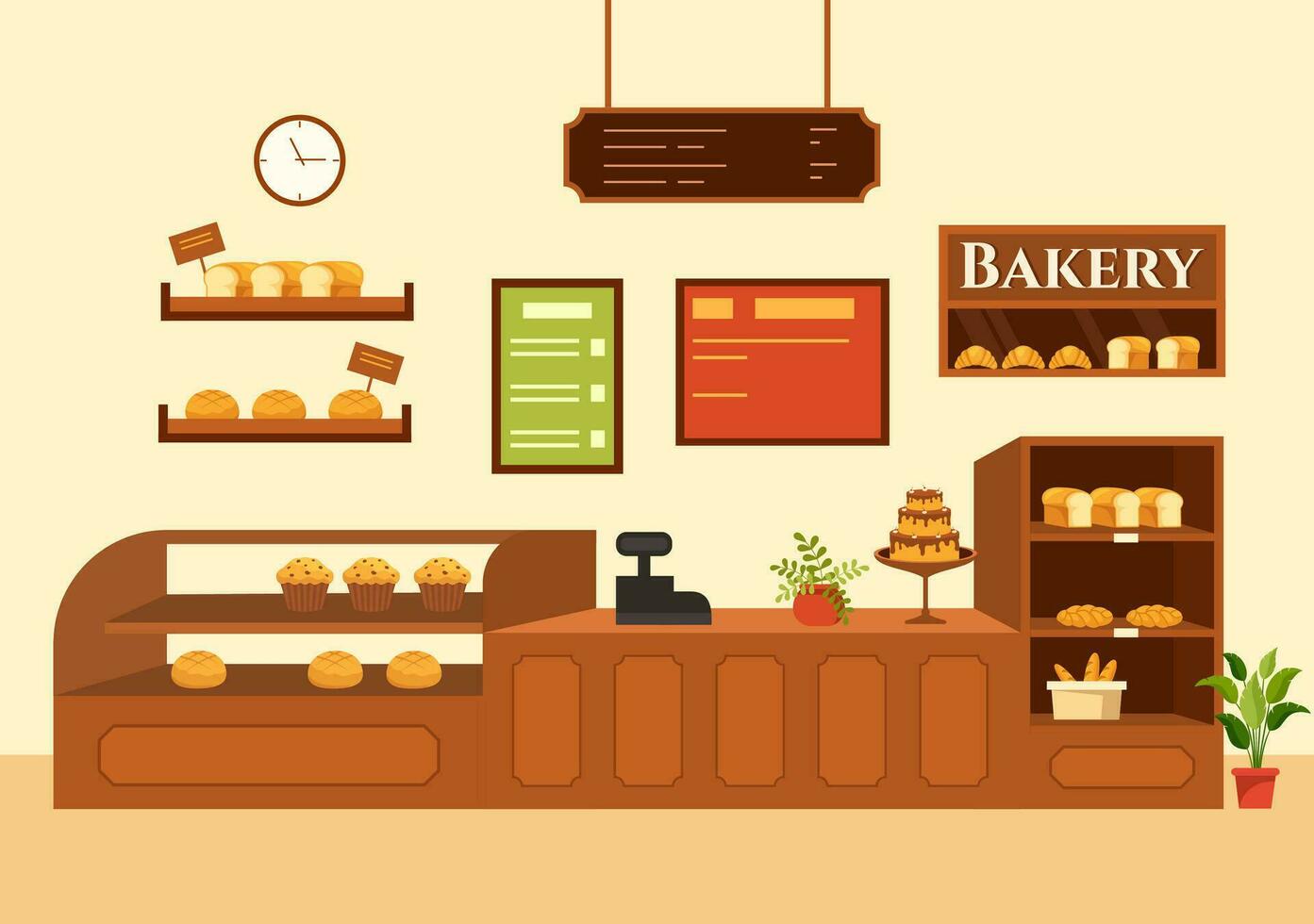 bakkerij op te slaan vector illustratie met divers types van brood producten voor uitverkoop en winkel interieur in vlak tekenfilm achtergrond ontwerp sjabloon