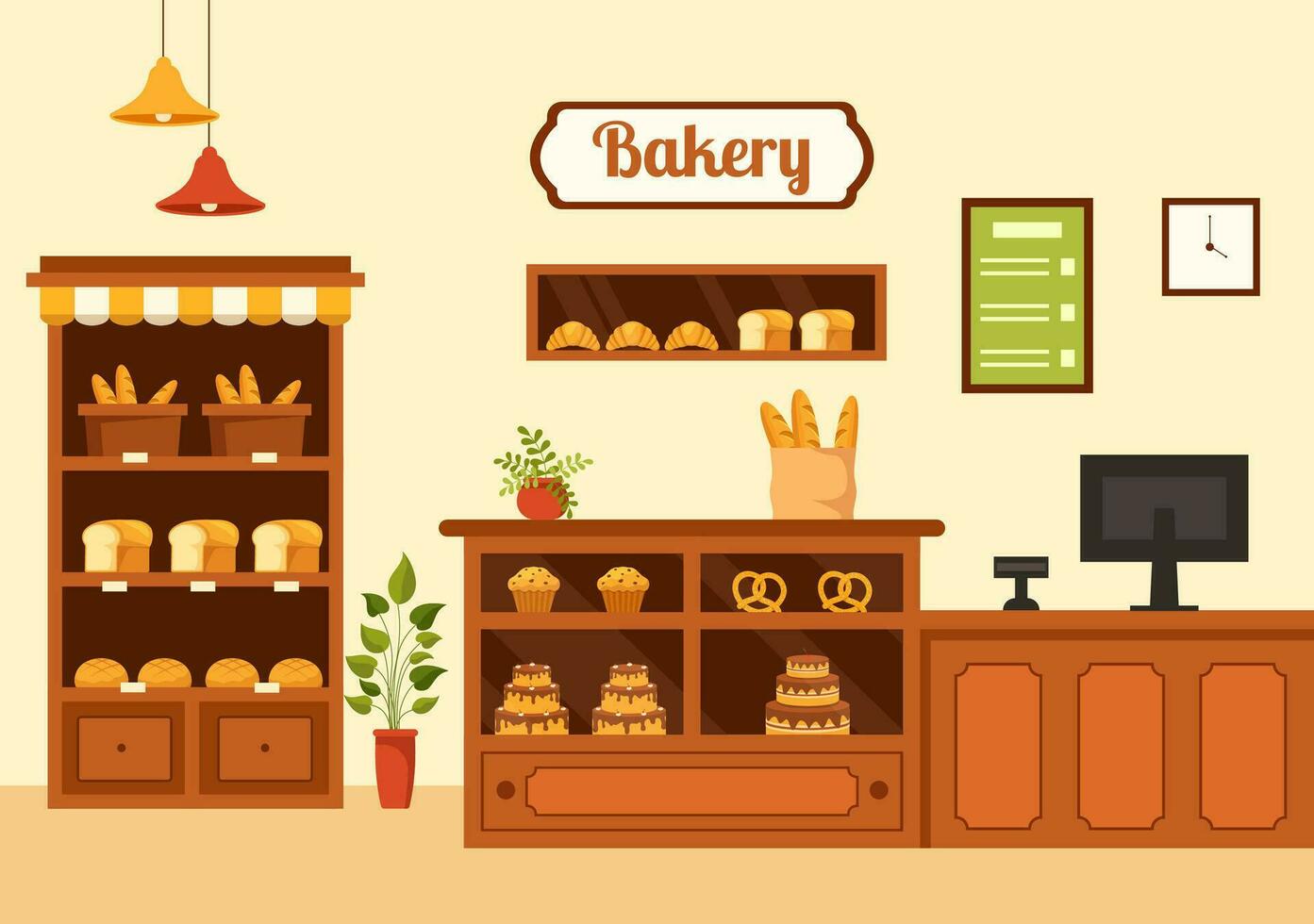 bakkerij op te slaan vector illustratie met divers types van brood producten voor uitverkoop en winkel interieur in vlak tekenfilm achtergrond ontwerp sjabloon