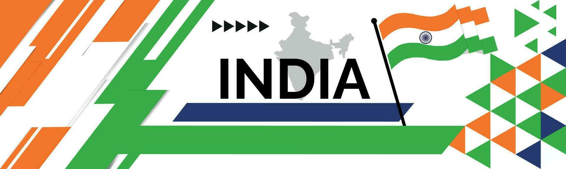 Indië nationaal dag banier met kaart, vlag kleuren thema achtergrond en meetkundig abstract retro modern kleurrijk ontwerp met verheven handen of vuisten. vector
