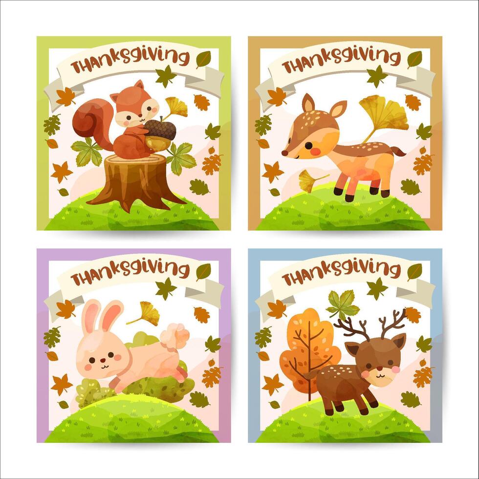 happy thanksgiving day card met eekhoorn, beer, konijn en hert. vector