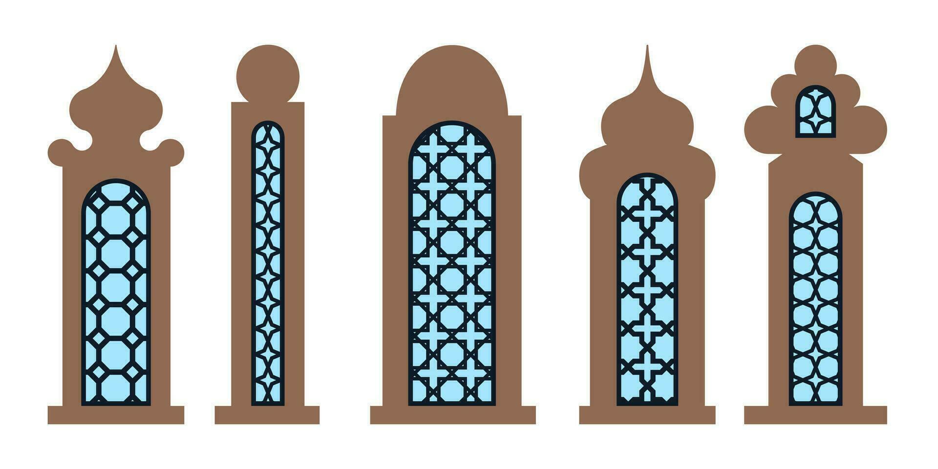 verzameling van Arabisch oosters ramen, bogen en deuren. laser besnoeiing grillen. modern ontwerp in zwart voor kaders moskee koepel en lantaarns Islamitisch Ramadan kareem en eid mubarak stijl. vector illustratie