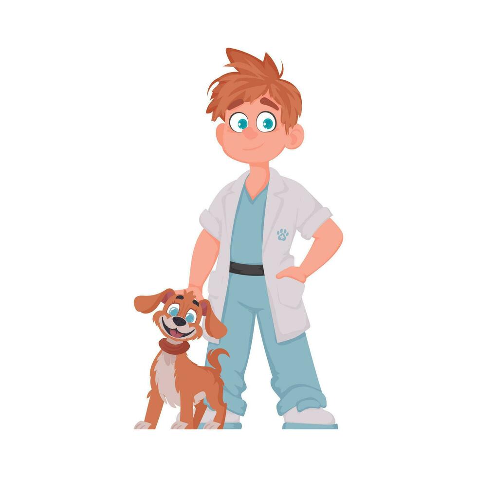 een gelukkig Mens wie duurt zorg van een schattig hond en is een dierenarts vector illustratie