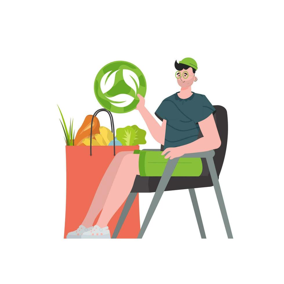 een Mens is zittend De volgende naar een zak van gezond voedsel en is Holding een eko icoon. geïsoleerd Aan wit achtergrond. neiging vector illustratie.