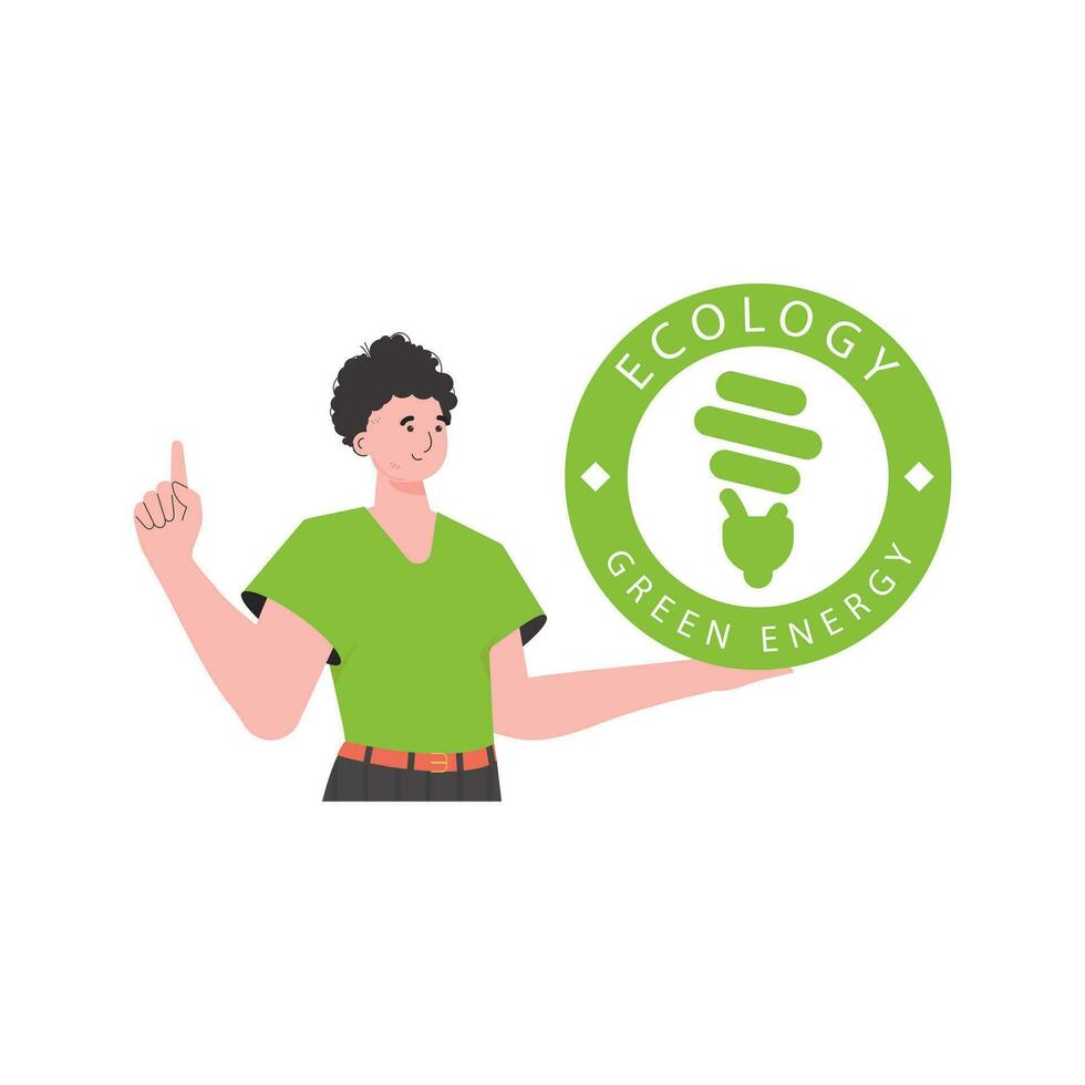 een Mens houdt de eco logo in zijn handen. de karakter is afgebeeld naar de taille. de concept van ecologie en groen energie. geïsoleerd Aan wit achtergrond. vector neiging illustratie.