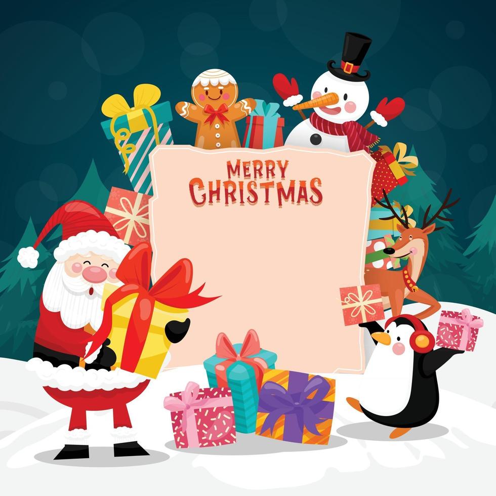 vrolijke kerstkaart met kerstman, sneeuwpop, pinguïn en geschenkdoos. vector