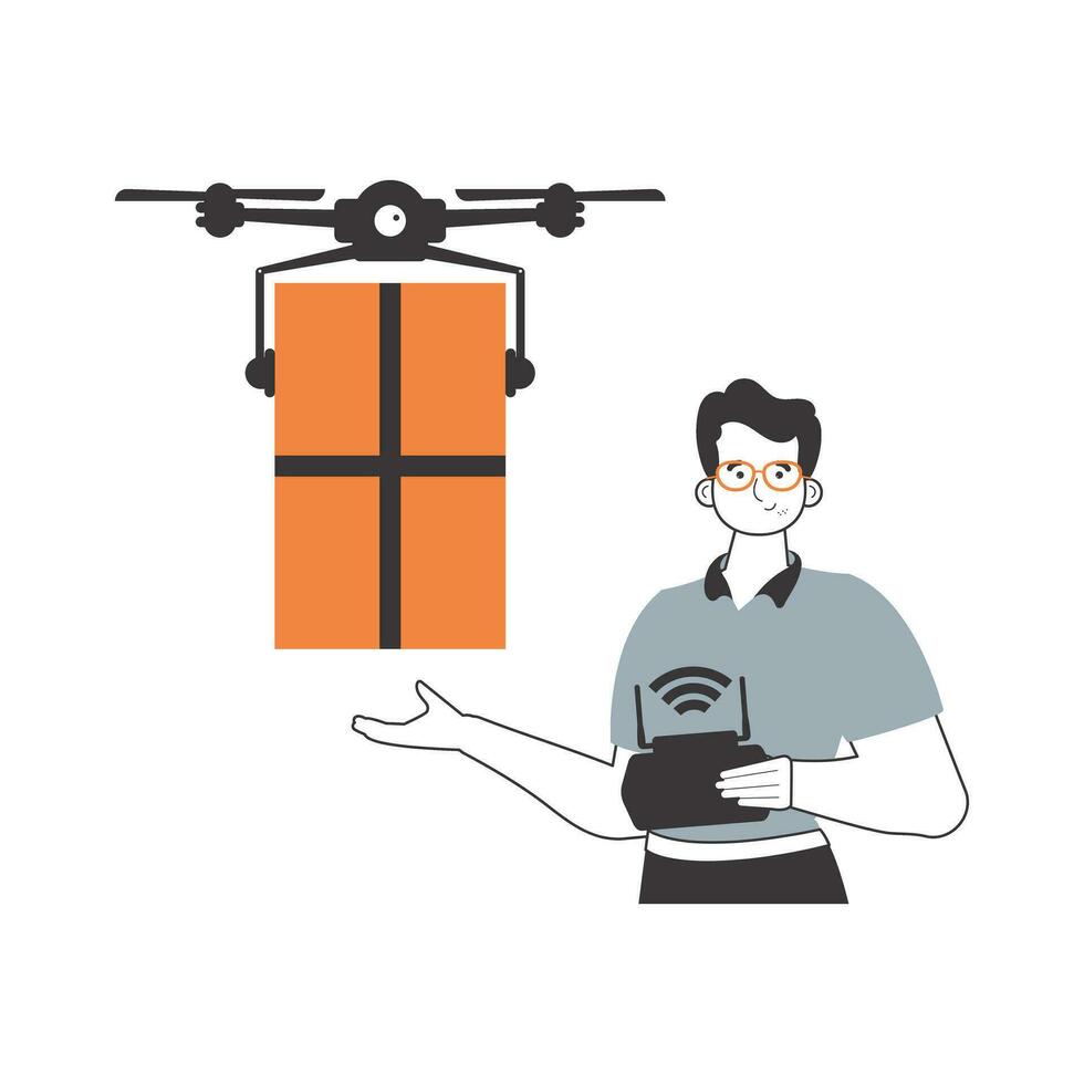 een Mens stuurt een pakket met een drone. lucht levering concept. lineair modieus stijl. geïsoleerd Aan wit achtergrond. vector illustratie.