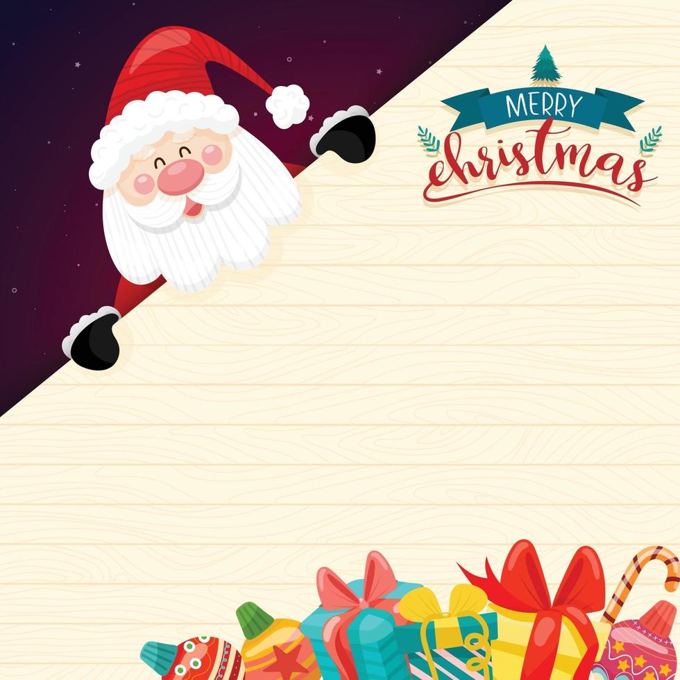 vrolijk kerstfeest met de kerstman en verschillende geschenkdozen op de besneeuwde achtergrond met huis en maan als achtergrond. vector