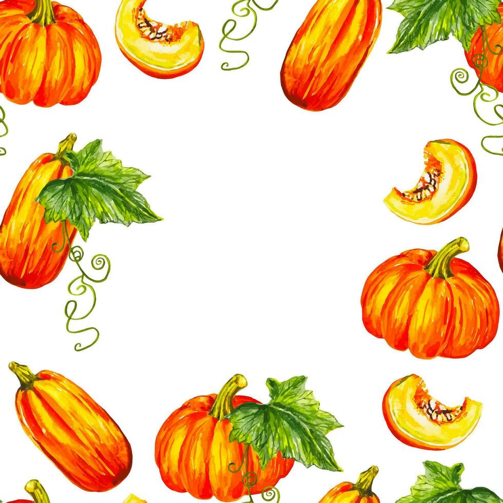 waterverf illustratie herfst oranje decoratief kader met bladeren en pompoenen voor textiel, servetten, andere decoraties vector