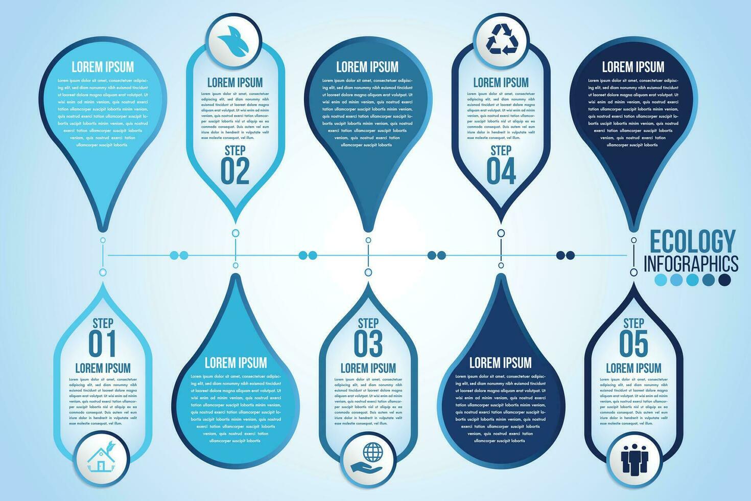 infographic eco water blauw ontwerp elementen werkwijze 5 stappen of opties onderdelen met laten vallen van water. ecologie biologisch natuur vector bedrijf sjabloon voor presentatie.