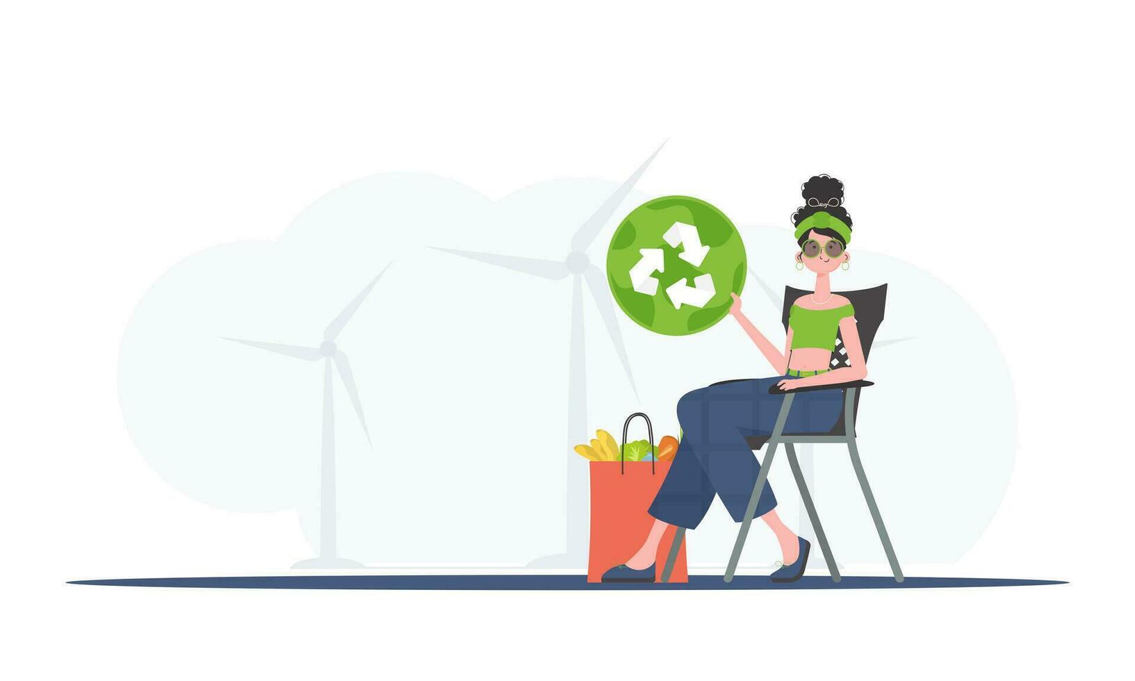 een vrouw zit De volgende naar een pakket met gezond voedsel en houdt een eko icoon. gezond voedsel, ecologie, recycling en nul verspilling concept. vlak modieus stijl. vector. vector