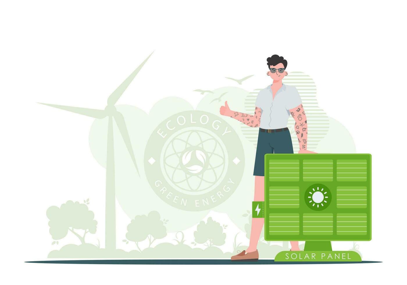 eco energie concept. de vent is staand in de buurt de zonne- paneel. vector illustratie.