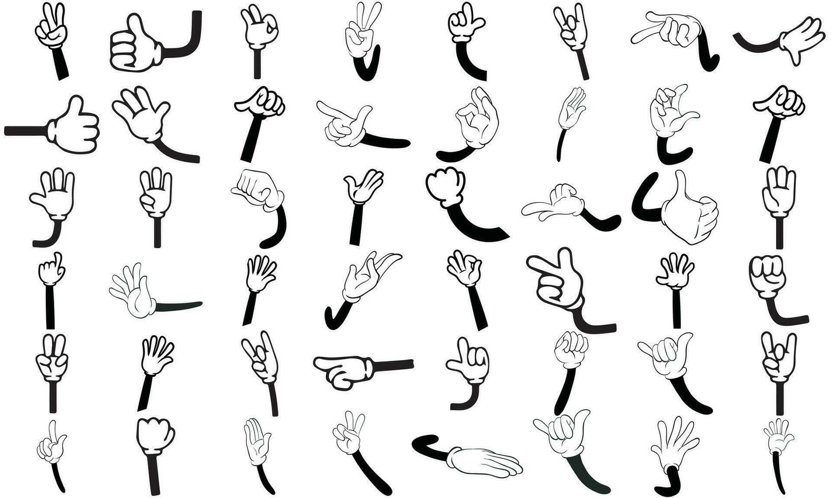 tekenfilm gehandschoende armen. grappig handen in handschoenen, retro tekening armen met verschillend gebaren vector geïsoleerd illustratie pictogrammen set. tekenfilm handen set..