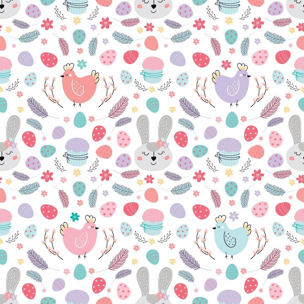 naadloze Pasen-patroon met konijn. patroon met paashaas, eieren, cake. ontwerp voor textiel, verpakking, wikkels, web, bedrukking. vector vlakke afbeelding