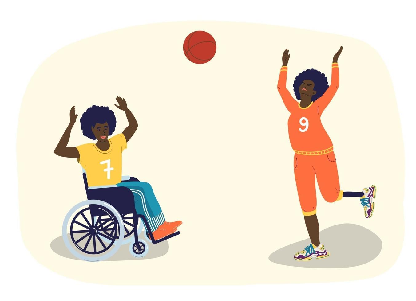 gehandicapten spelen basketbal. Afro-Amerikaanse tieners met een handicap spelen basketbal. een man in een rolstoel. een meisje met een beenprothese. vector cartoon illustratie
