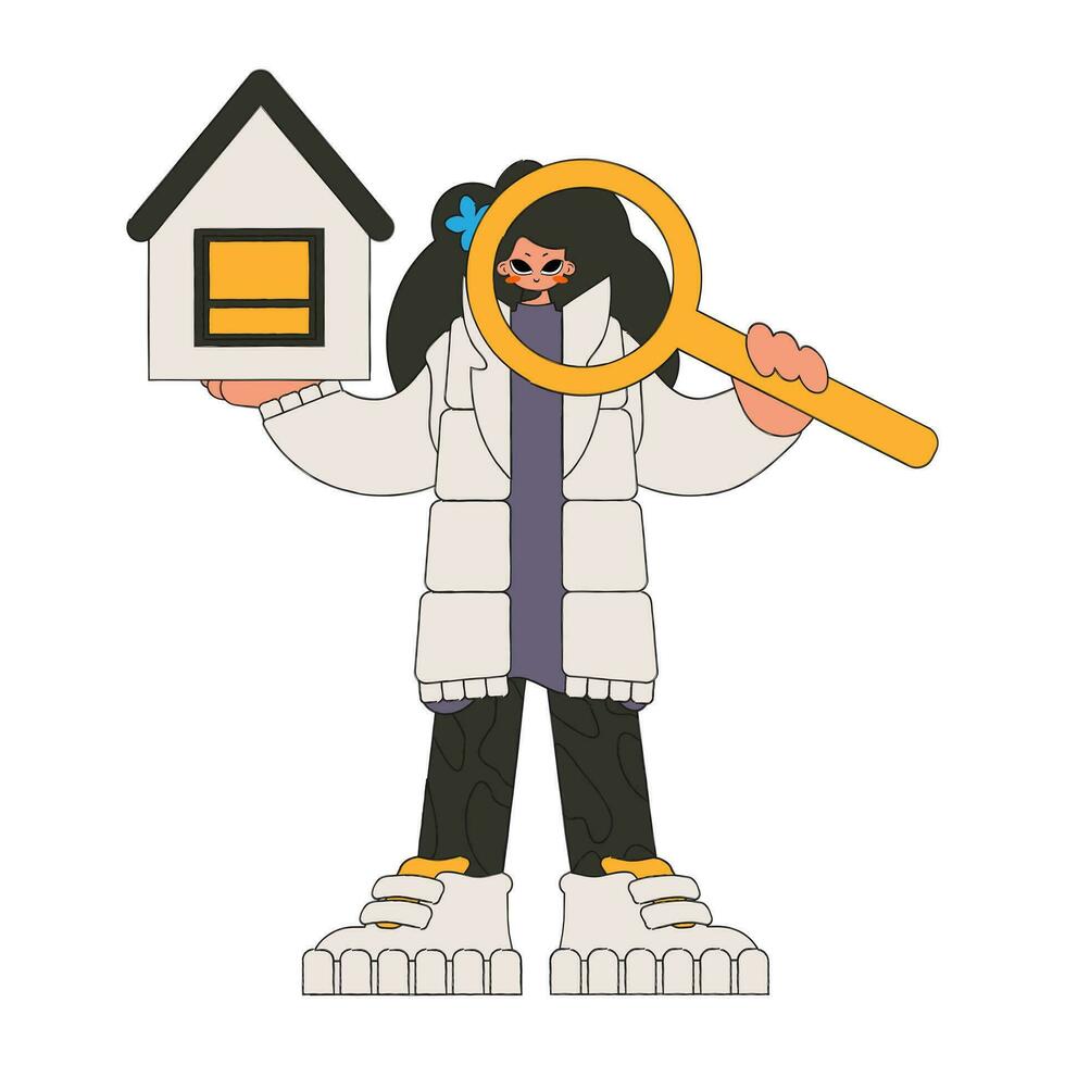 een vrouw makelaar houdt een huis en een vergroten glas in haar handen. huis eigendom. vector