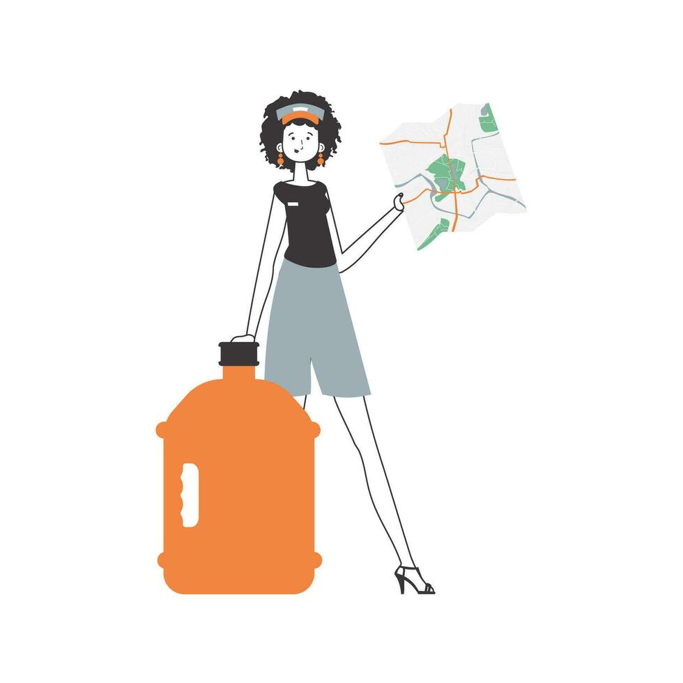 water levering concept. meisje met een kaart in haar handen. lijn kunst stijl. geïsoleerd, vector illustratie.