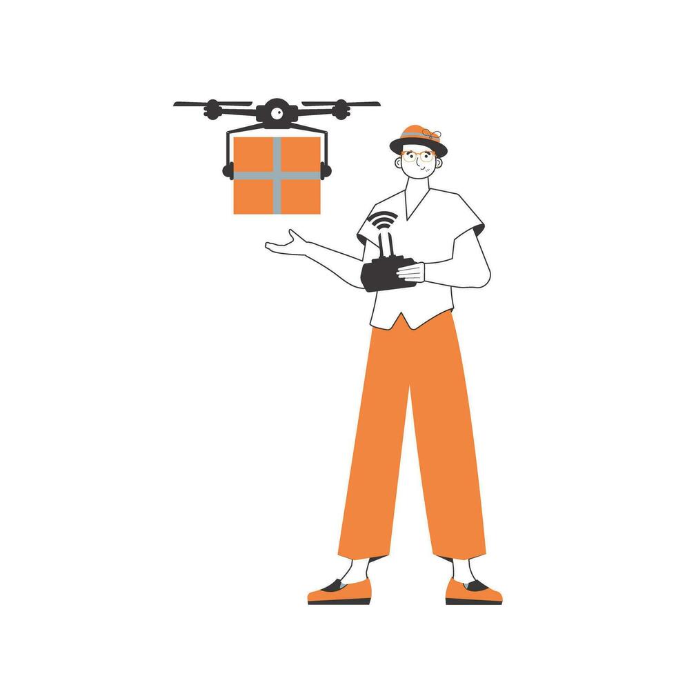 een Mens levert een pakket door drone. de concept van lading levering door lucht. lineair modieus stijl. geïsoleerd Aan wit achtergrond. vector illustratie.