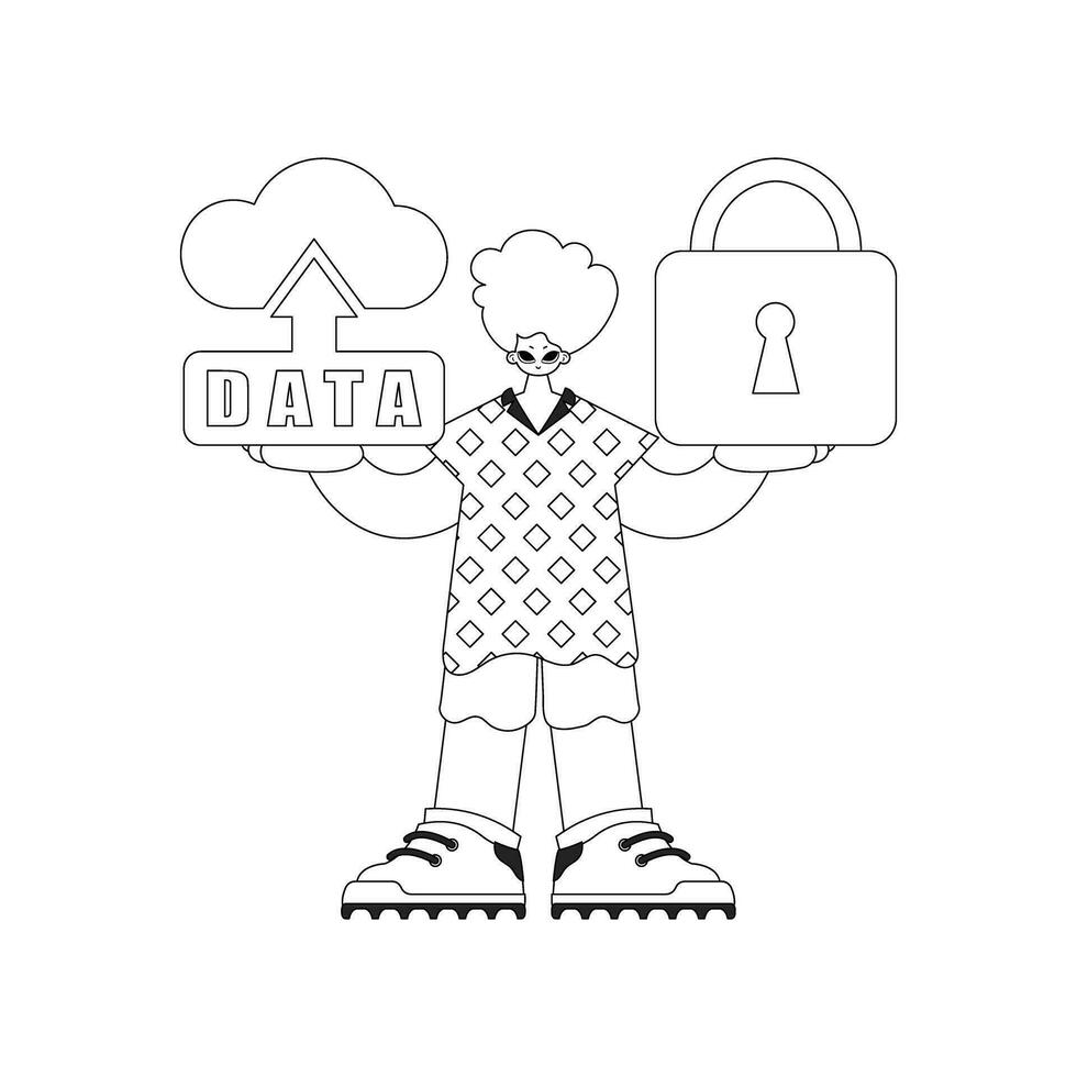 Mens Holding wolk opslagruimte logo voor internet van dingen, geschetst in vector stijl