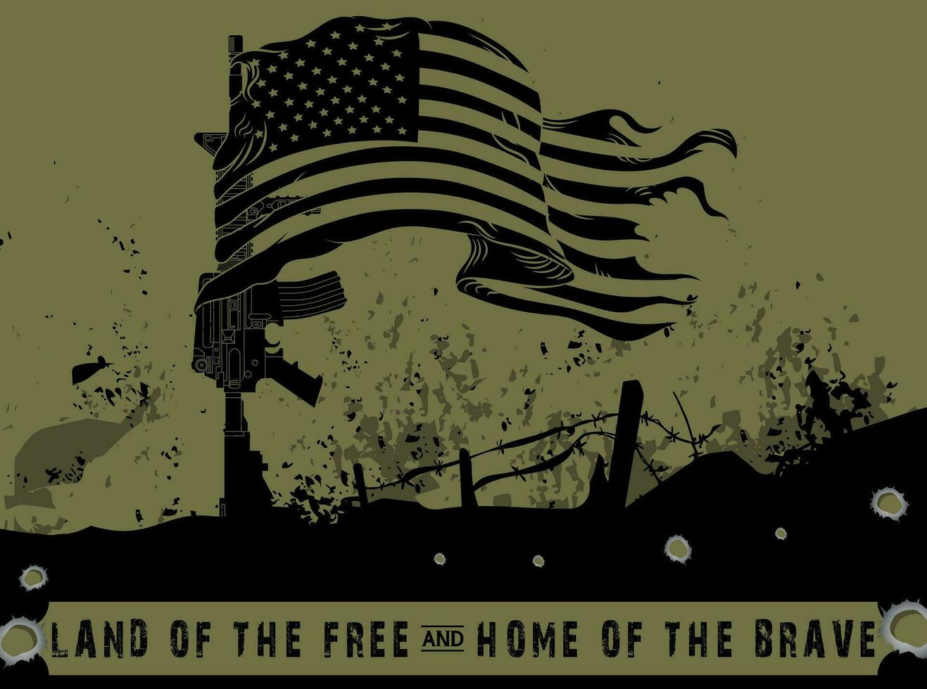 land- van de vrij en huis van de moedig, Verenigde Staten van Amerika vlag golvend in geweer vector