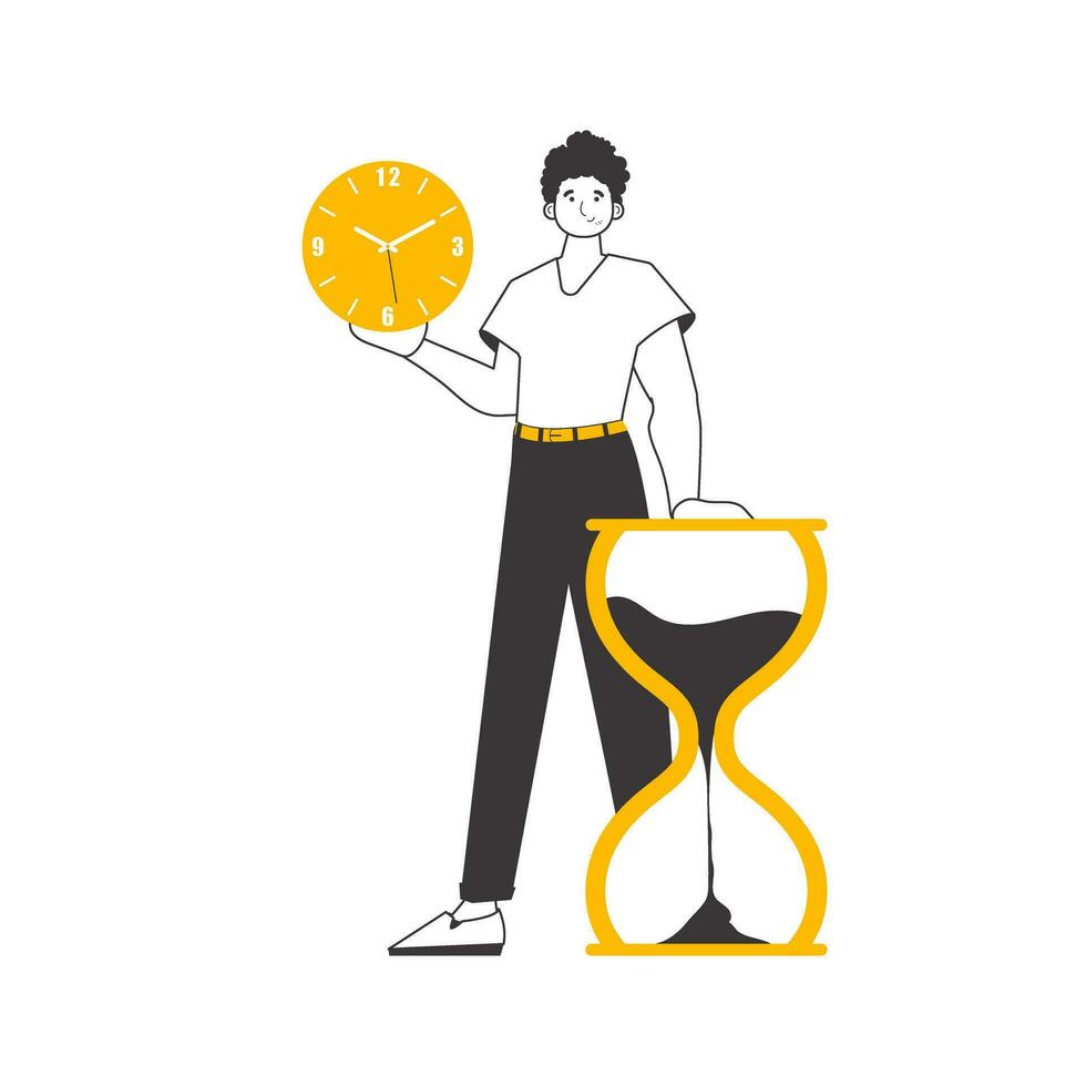 de Mens is Holding een horloge. tijd beheer concept. minimalistisch lineair stijl. geïsoleerd. vector illustratie.