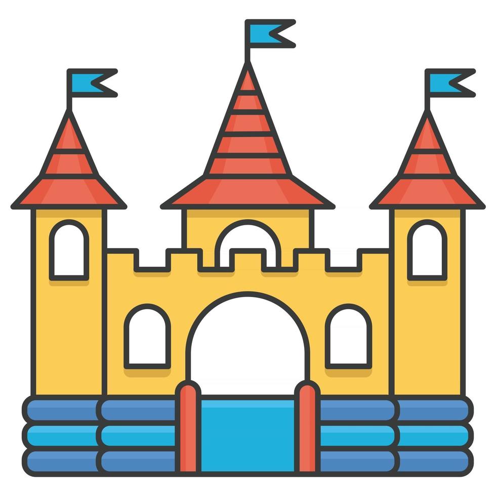 springkussen opblaasbaar kasteel. toren en uitrusting voor kinderspeelplaats. vector lijn illustratie