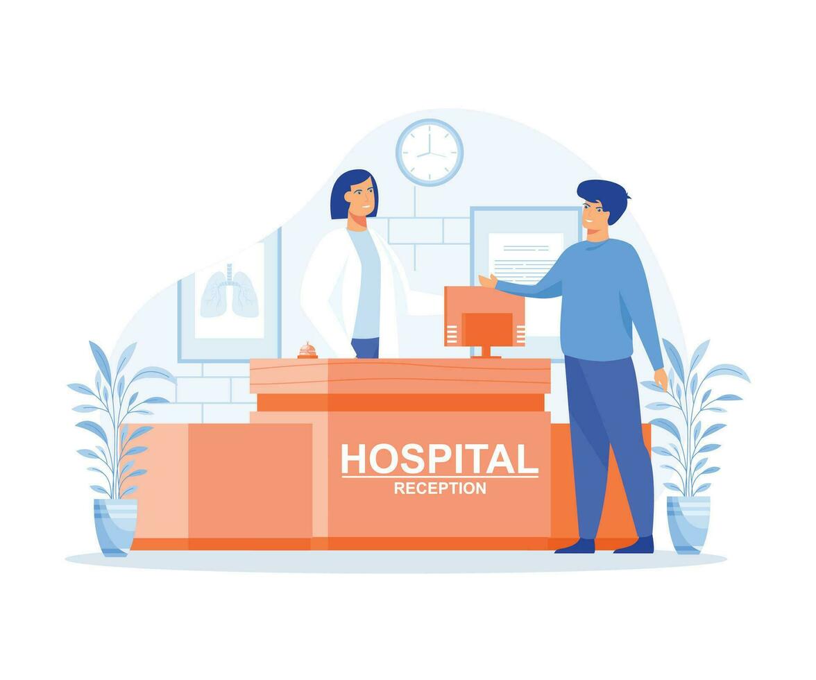 ziekenhuis ontvangst concept, Mens vraagt een vraag naar de ziekenhuis registreren kantoor, vlak vector modern illustratie