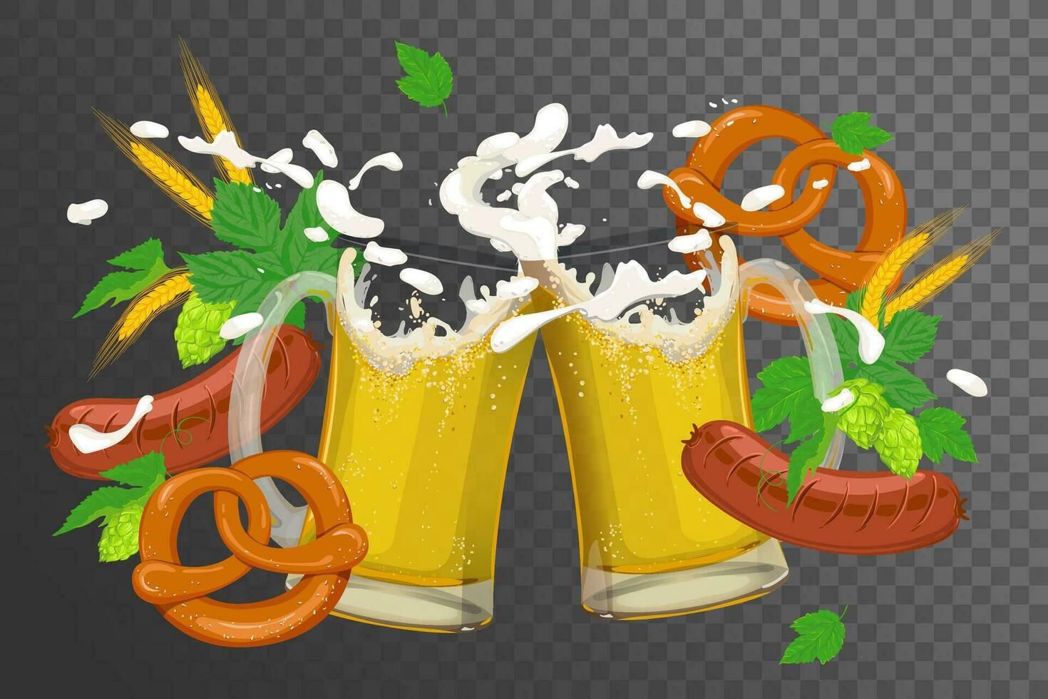 een dynamisch samenstelling van spatten bier, hop, gerst oren, worstjes en traditioneel Duitse pretzels. vector illustratie voor de oktoberfeest festival. een clip art voor een uitnodiging.