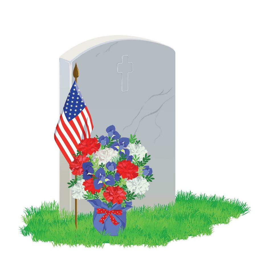 een wit marmeren grafsteen Aan de groen gras.a boeket van wit, blauw en rood bloemen. een Amerikaans vlag siert de graf Aan gedenkteken dag. vector illustratie.