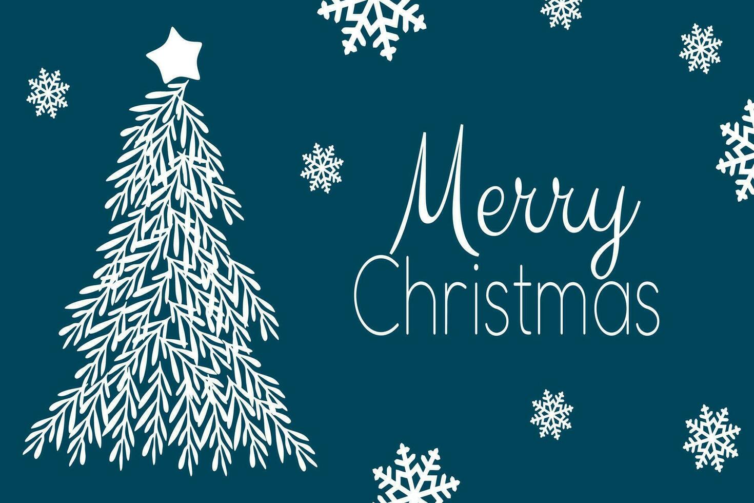 vrolijk Kerstmis en gelukkig nieuw jaar kaart met sneeuwvlokken, sterren, Kerstmis boom. schetsen van verschillend takken van Spar boom, ceder, pijnboom, meidoorn en kegels Aan blauw achtergrond. elegant belettering vector