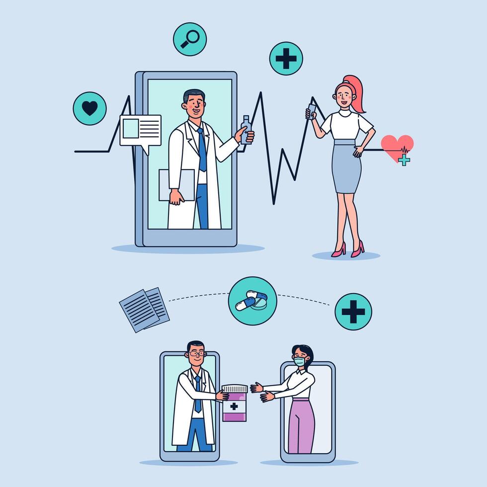 patiënten overleggen met artsen via online klinieken. vector