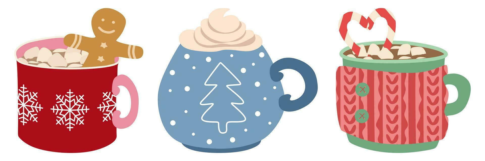 Kerstmis vakantie koffie mok set. cacao met marshmallows, winter opwarming drankjes en heet koffie beker. Kerstmis heet chocola mokken of winter cappuccino en latte kopjes. geïsoleerd vector vlak illustratie.