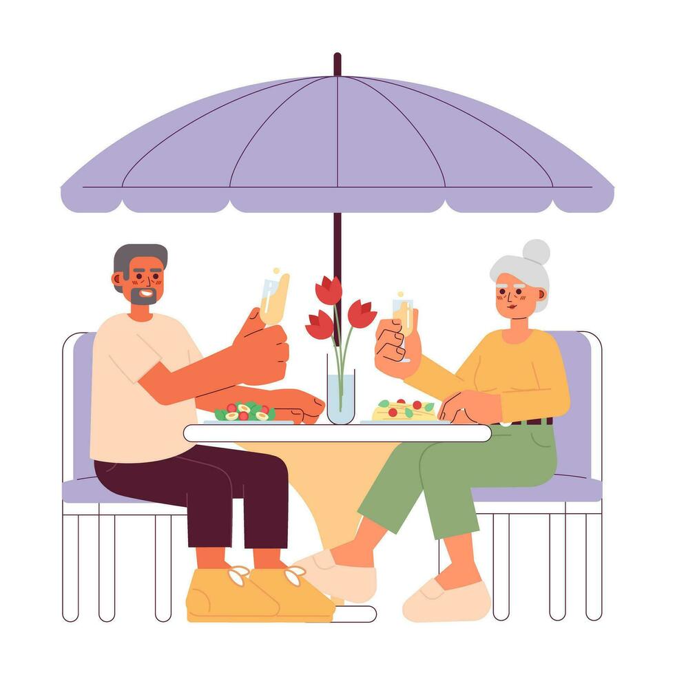 dating ouderen tekenfilm vlak illustratie. bonding heterosexual paar 2d tekens geïsoleerd Aan wit achtergrond. gepensioneerd restaurant. grootouders aan het eten avondeten romantisch tafereel vector kleur beeld