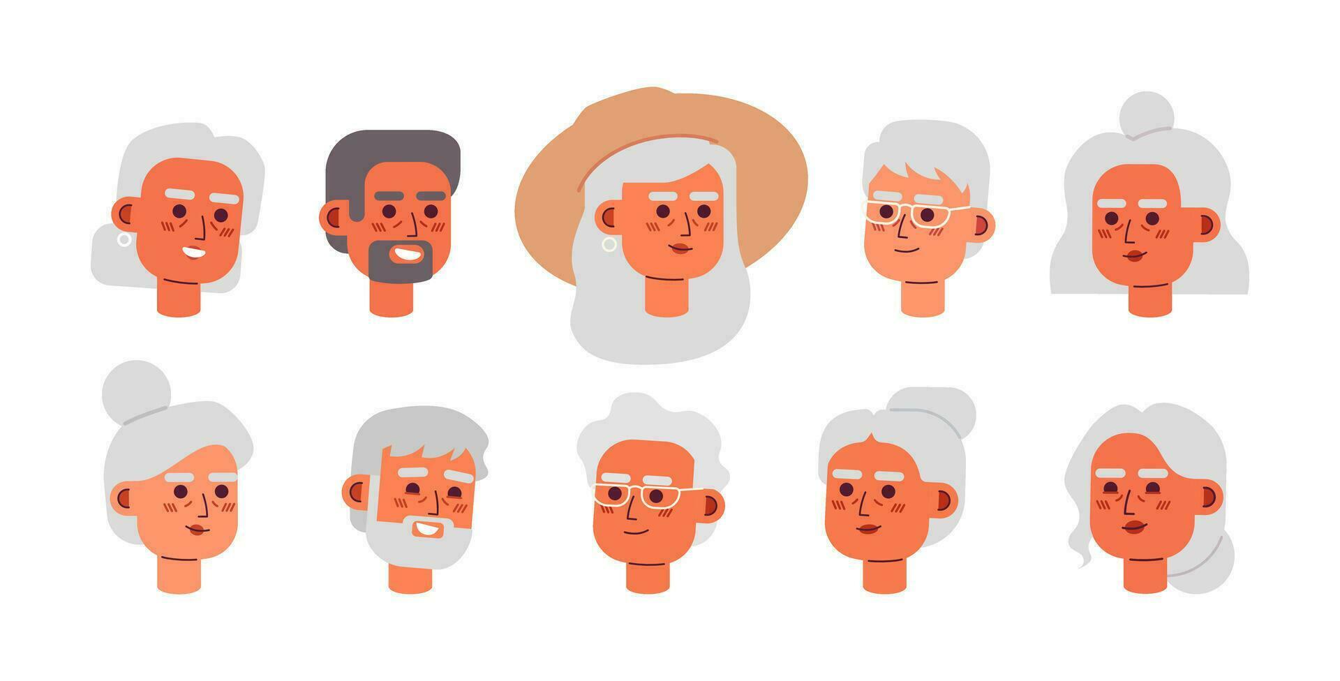 ouderen gelukkig verschillend 2d vector avatars illustratie bundel. ouder Dames, mannen tekenfilm karakter gezichten. senior mensen pictogrammen verzameling. gepensioneerde volwassen vlak kleur gebruikers profielen afbeeldingen geïsoleerd Aan wit