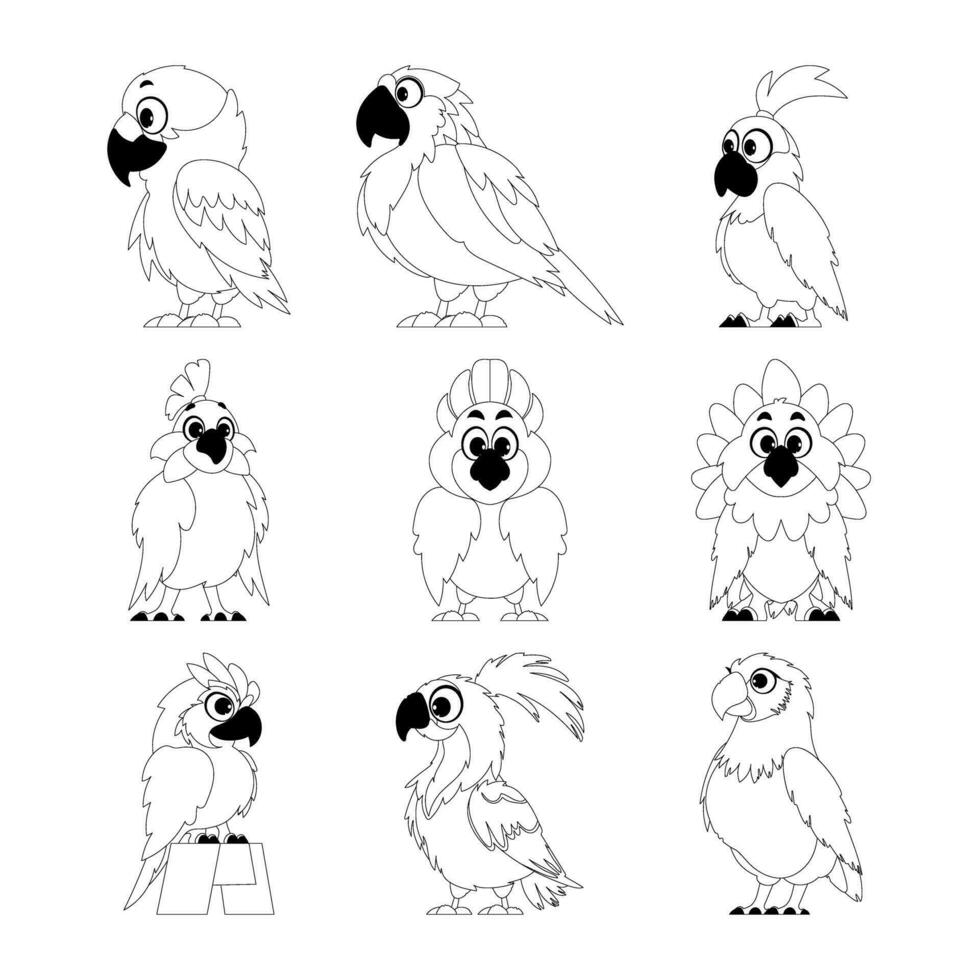 veel papegaaien dat zijn grappig en schattig zijn staand De volgende naar elk andere in een Rechtdoor lijn kinderen kleur bladzijde vector