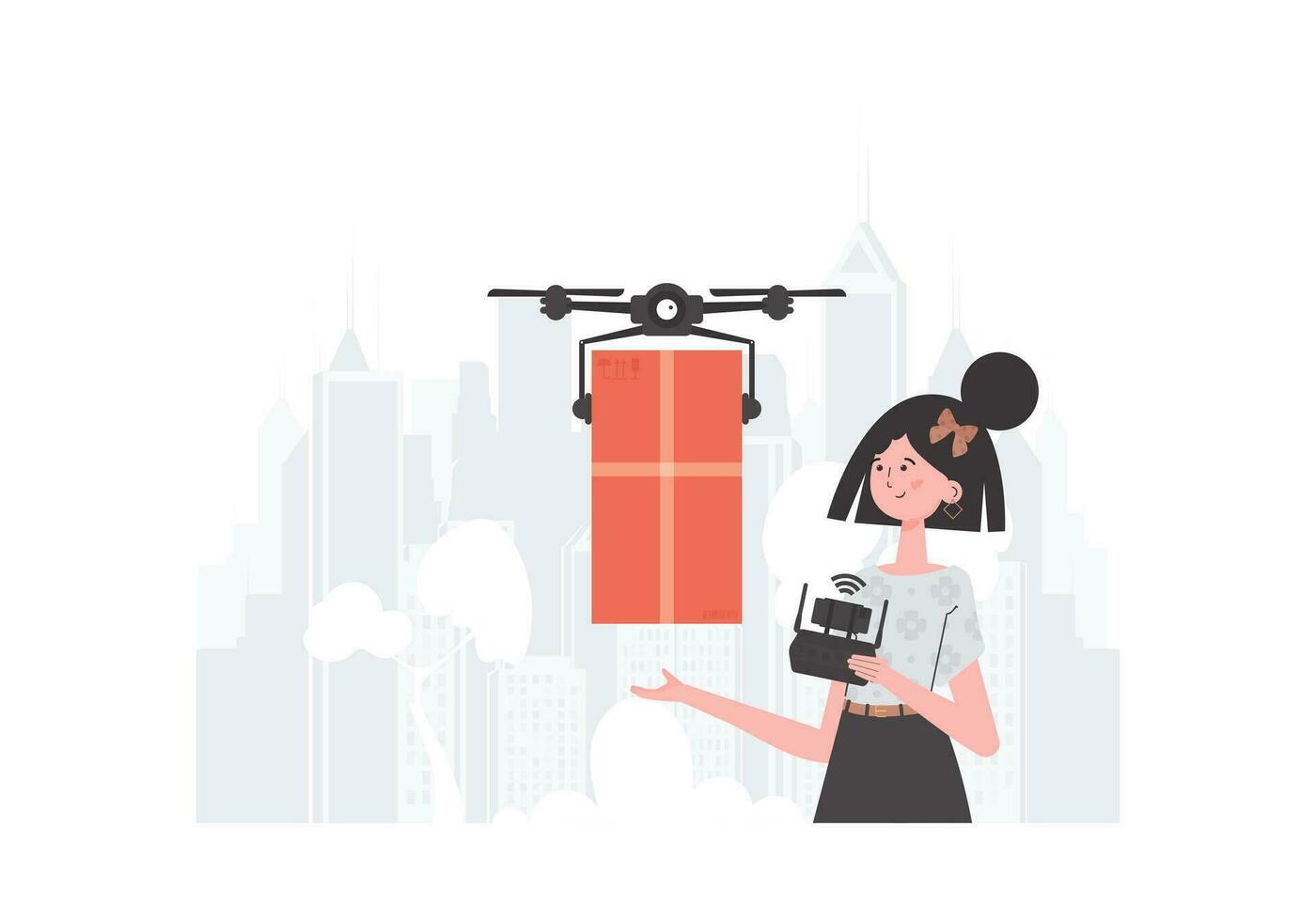 een vrouw controles een quadcopter met een perceel. levering thema. modieus stijl. vector illustratie.