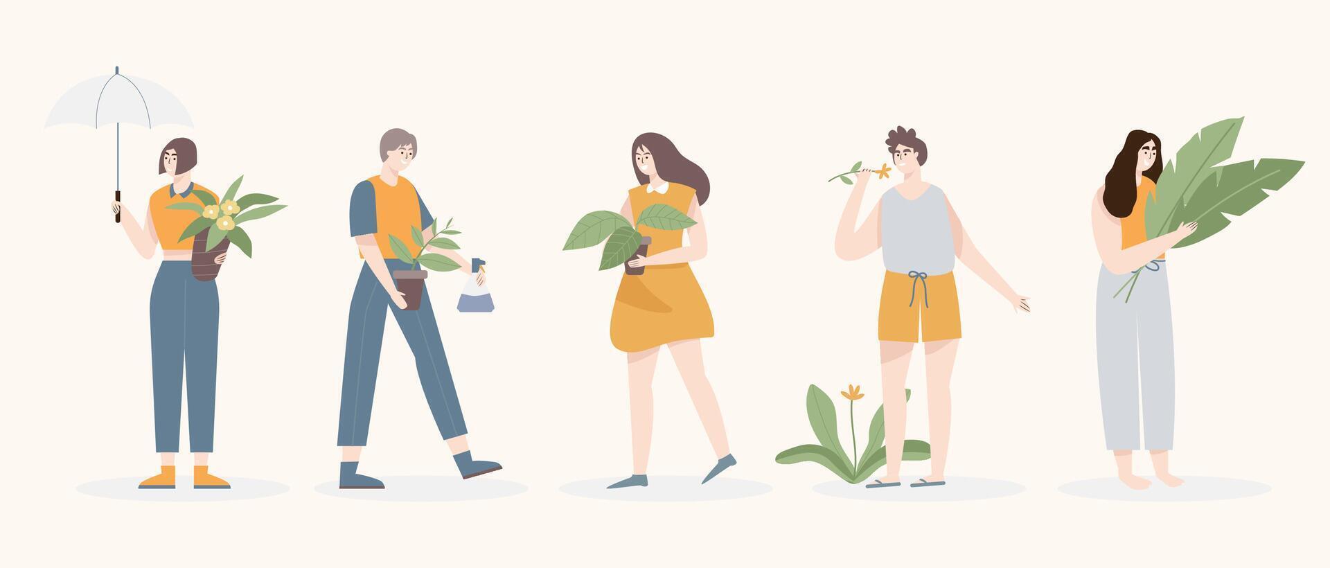 mannelijke en vrouwelijke personages houden van bloemen en planten. vector