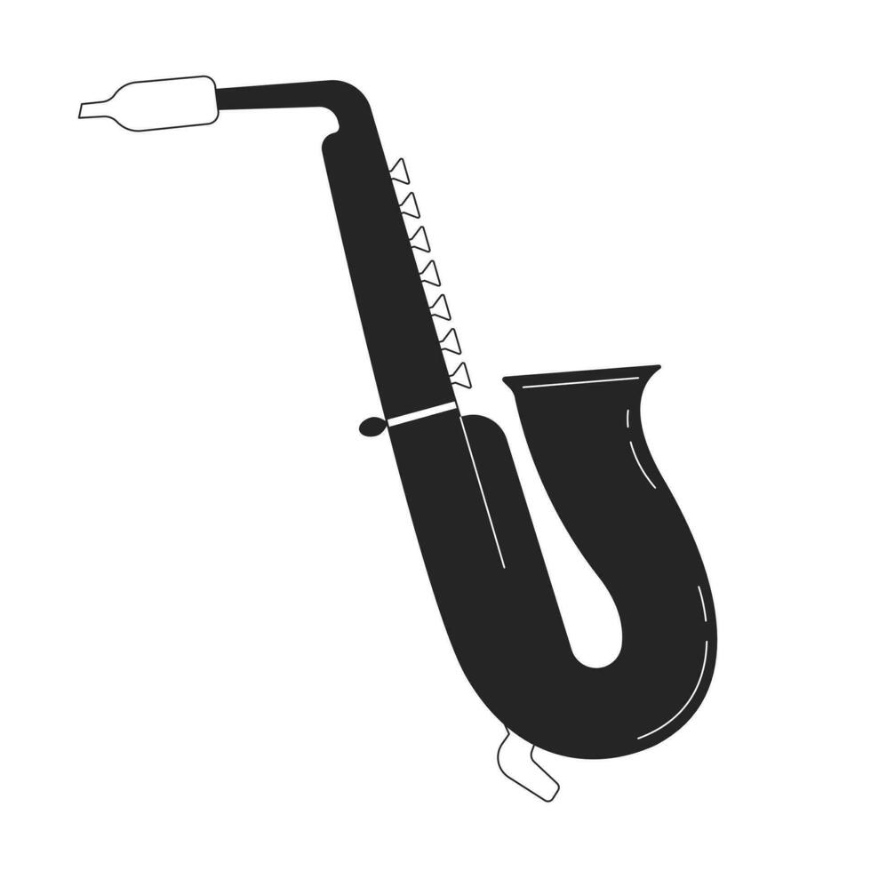 saxofoon musical instrument zwart en wit 2d lijn tekenfilm voorwerp. sax muziek- akoestisch spelen geïsoleerd vector schets item. wijnoogst het uitvoeren van. symfonie houtblazers monochromatisch vlak plek illustratie