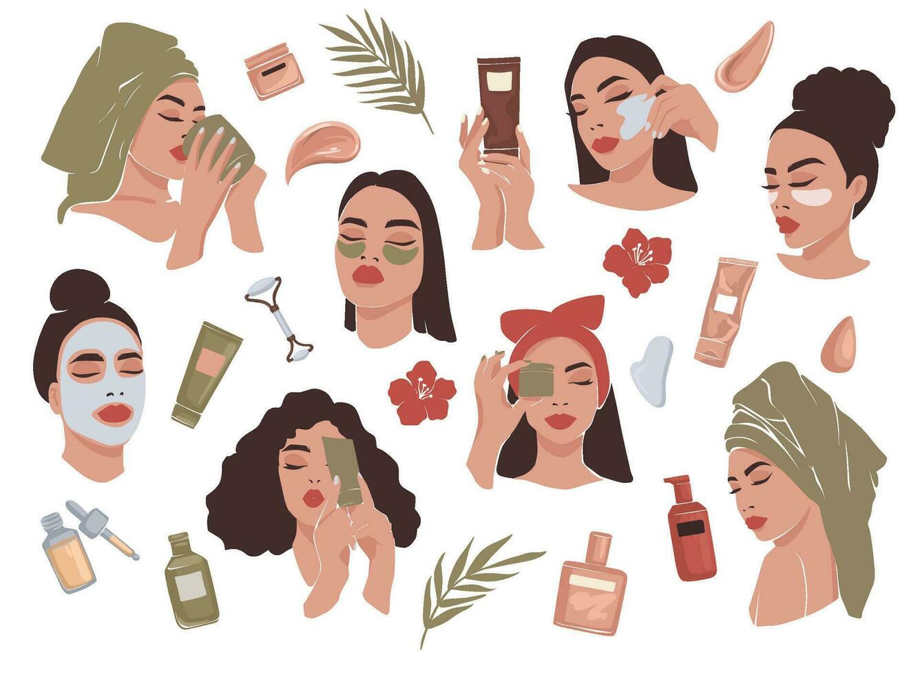 vrouw schoonheid vector set. huidsverzorging routine. mooi meisjes met gezicht masker, oog lappen. room, massage gua