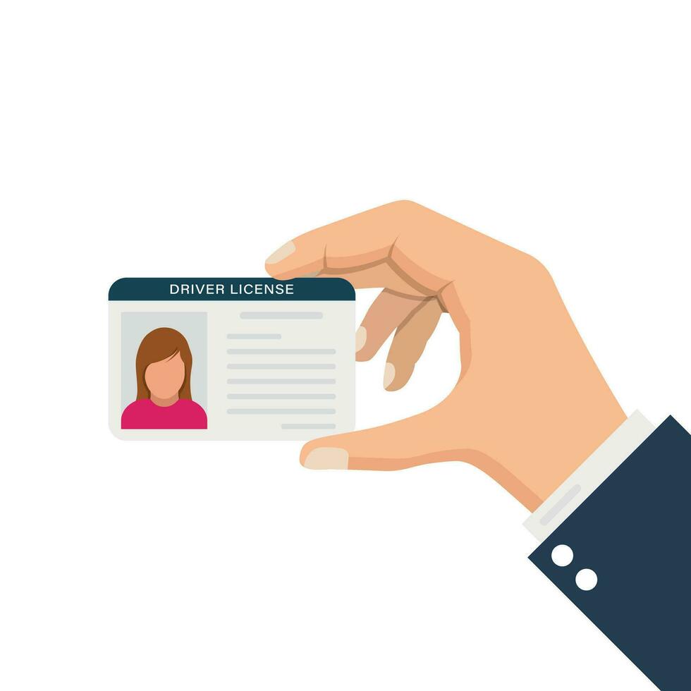 hand- Holding bestuurder licentie icoon in vlak stijl. ID kaart kaart vector illustratie Aan geïsoleerd achtergrond. persoon document teken bedrijf concept.