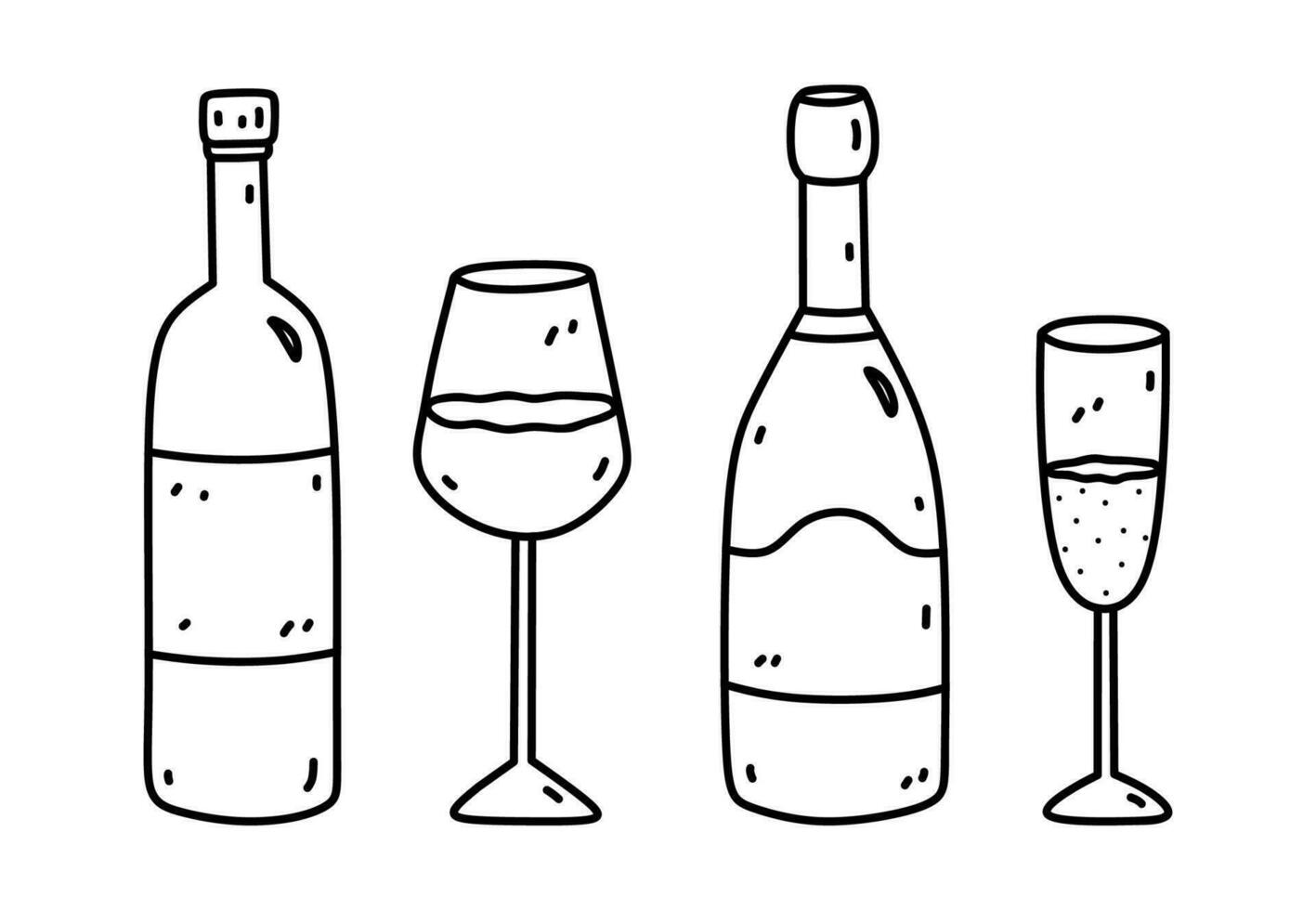 fles van wijn, Champagne en wijn bril geïsoleerd Aan wit achtergrond. alcoholisch dranken. vector hand getekend illustratie in tekening stijl. perfect voor kaarten, menu, decoraties, logo, divers ontwerp