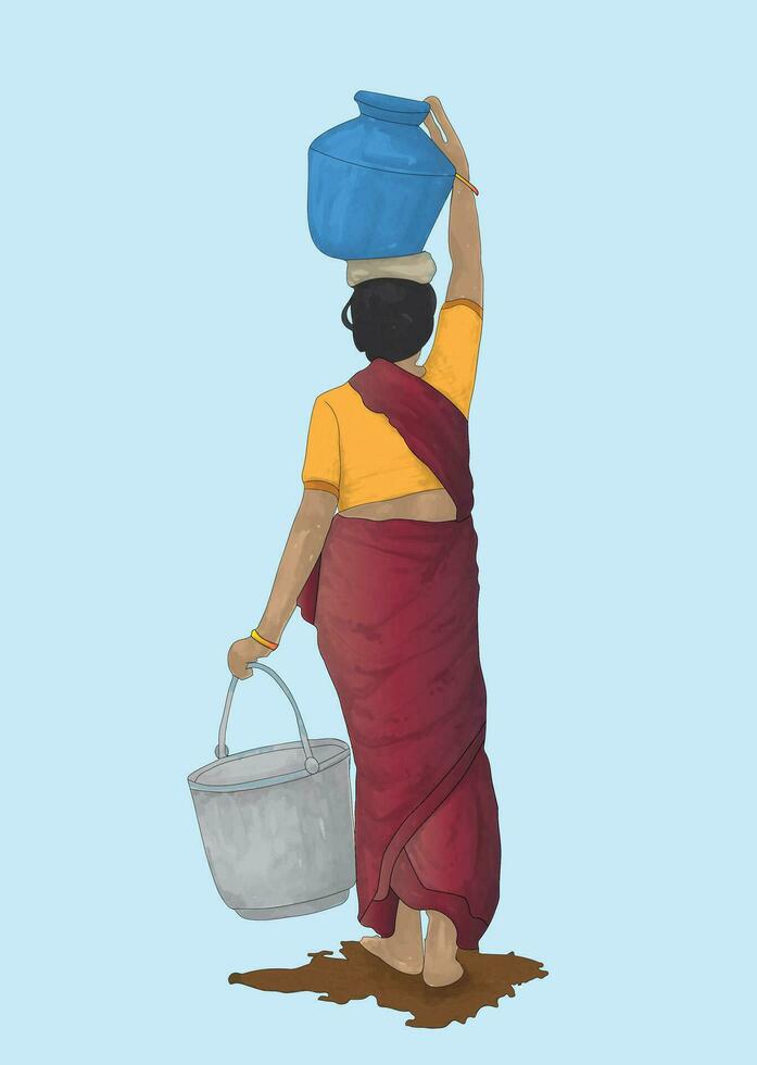 arm Indisch oud Dames draag- water pot en emmer vector