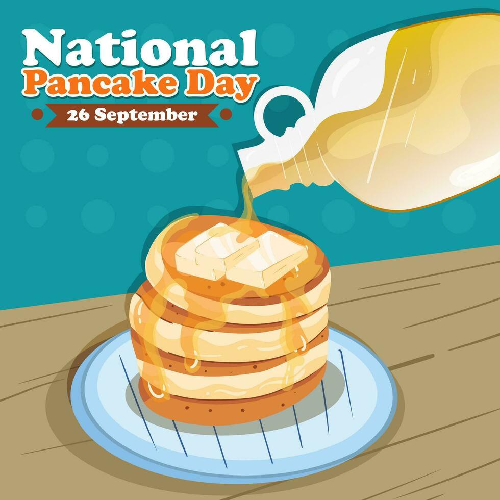 nationaal pannenkoek dag ontwerp banier viering. pannekoeken met siroop en boter mooi zo voor Promotie ontwerp vector
