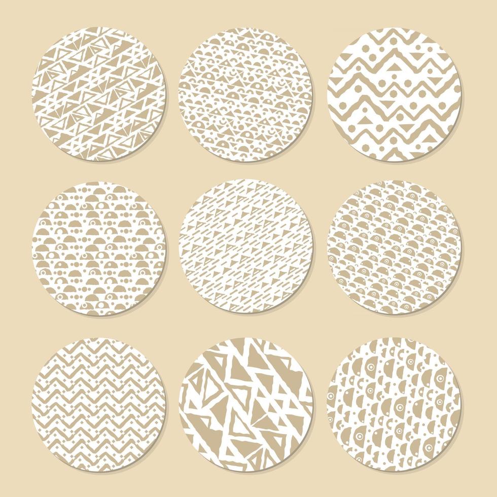 set van patroon bruin of beige en witte cirkel washi tapes voor scrapbooking. tekeningen zijn samengesteld uit driehoeken, cirkels en lijnen vector