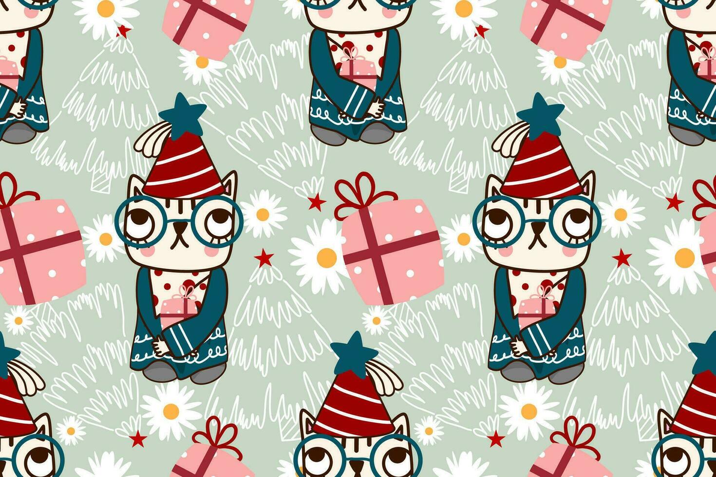 Kerstmis naadloos patroon Aan groen achtergrond.naadloos patroon van kat, cadeau, boom, madeliefje bloem.cartoon karakter hand- getrokken vector illustratie.ontwerp voor textuur, stof, kleding, verpakking papier, afdrukken.