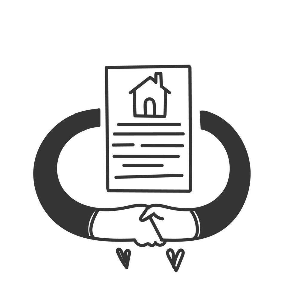hand- getrokken tekening huis kopen of huur overeenkomst document icoon vector