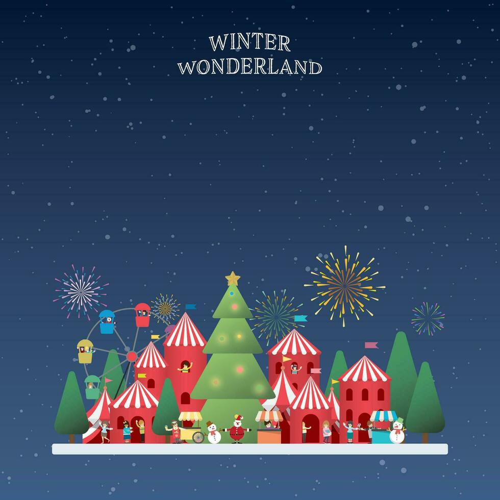 winter wonderland Bij nacht vector illustratie hebben blanco ruimte. vrolijk Kerstmis en gelukkig nieuw jaar groet kaart sjabloon.