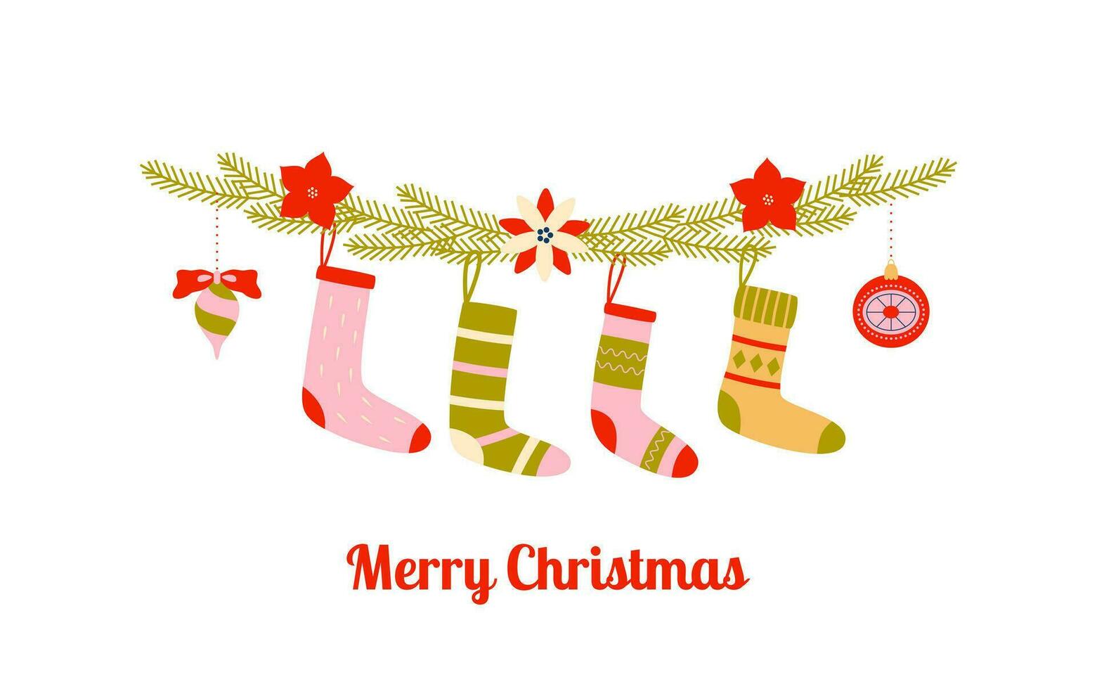 de kerstman sokken hangende Aan Kerstmis boom Afdeling. Kerstmis kousen. winter knus vakantie. huis feestelijk decoratie. vrolijk Kerstmis en gelukkig nieuw jaar. vector