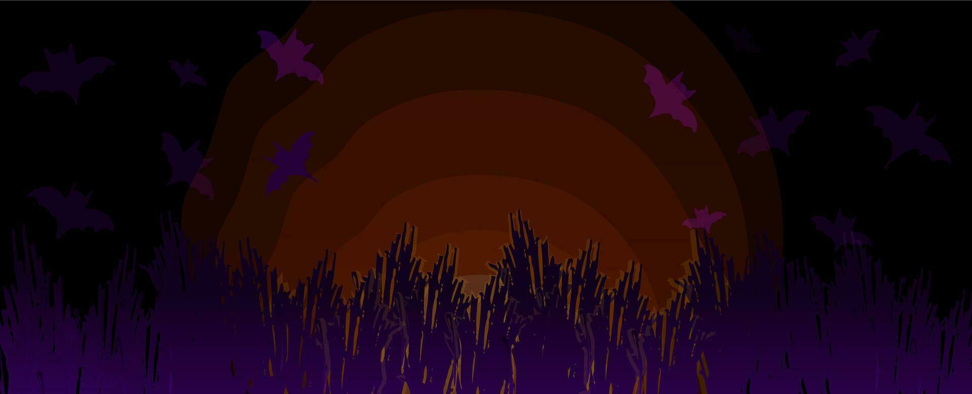 vector halloween achtergrond horizontaal banier met vleermuizen, droog struiken, magisch gloed, maanlicht, gloed.