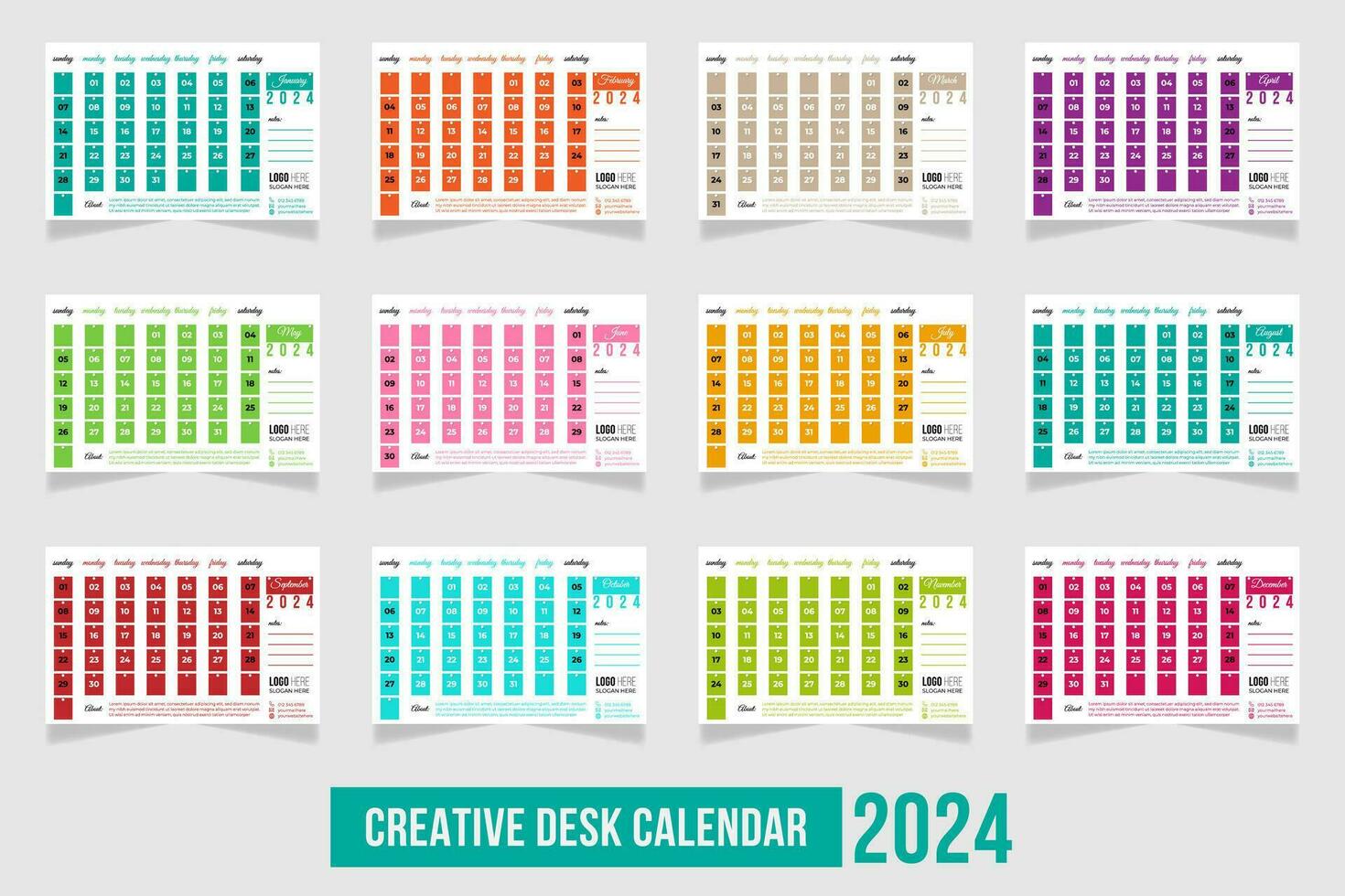 creatief veelkleurig bureau kalender ontwerp 2024. reeks van 12 Pagina's vector tafel kalender ontwerp